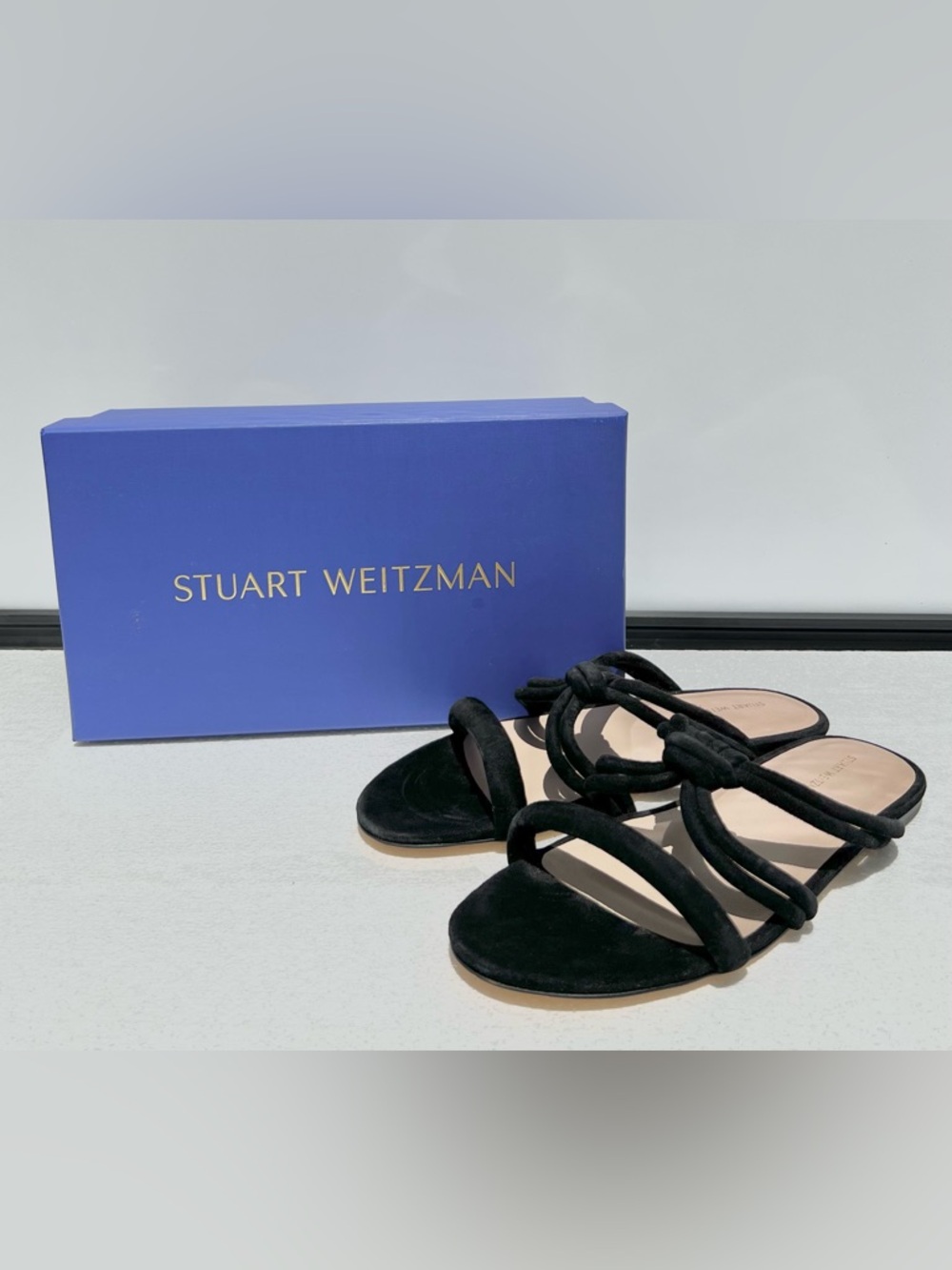 Stuart Weitzman Twist Knot Leather Suede Slide Flat Sandal Designer Size 8 Black